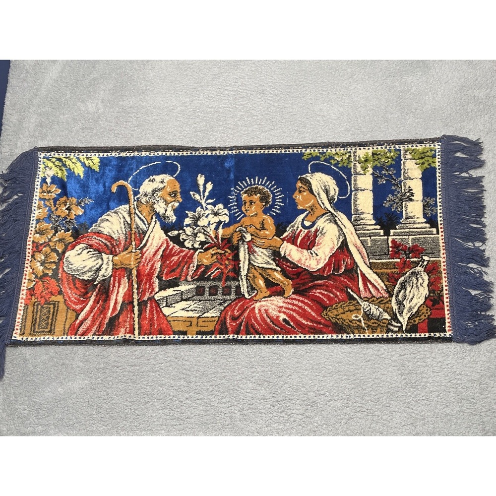 Vintage Holy Family Soft Tapestry Wall Hanging Kneeling Rug Jesus Mary Joseph